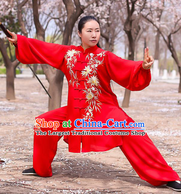 Chinese Traditional Martial Arts Competition Costume Kung Fu Tai Chi Embroidered Bamboo Red Clothing for Women