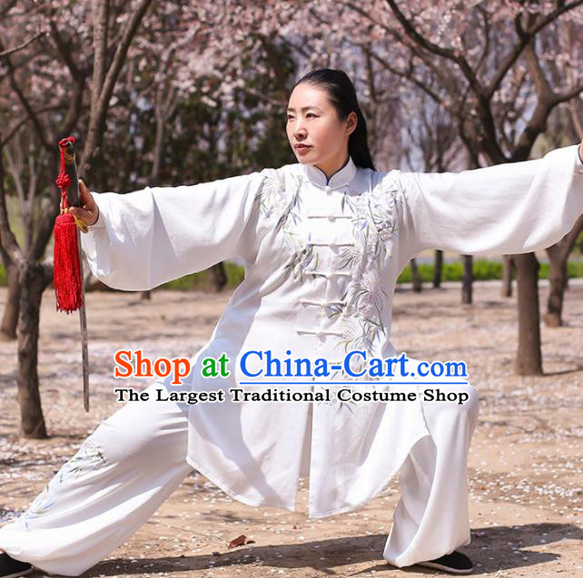 Chinese Traditional Martial Arts Competition Costume Kung Fu Tai Chi Embroidered Bamboo White Clothing for Women