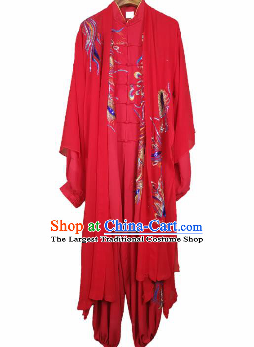 Chinese Traditional Martial Arts Competition Costume Kung Fu Embroidered Phoenix Red Clothing for Women