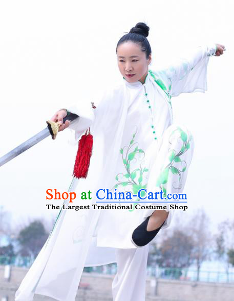 Chinese Traditional Kung Fu Competition Costume Martial Arts Tai Chi Printing Green Leaf Clothing for Women