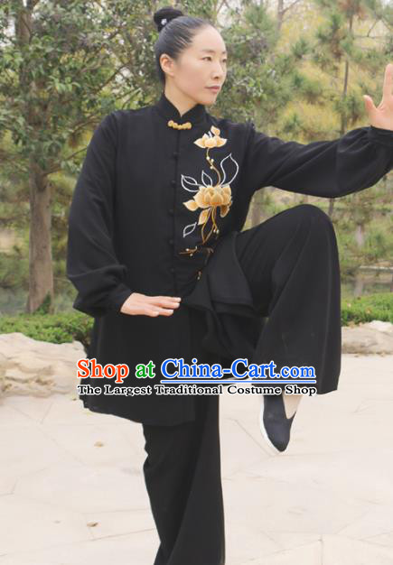 Chinese Traditional Kung Fu Competition Costume Martial Arts Tai Chi Embroidered Lotus Black Clothing for Women