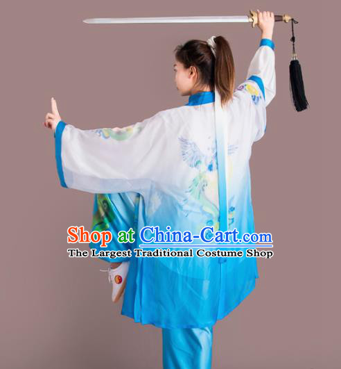Chinese Traditional Kung Fu Competition Embroidered Clouds Blue Costume Martial Arts Tai Chi Clothing for Women