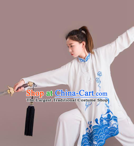 Chinese Traditional Kung Fu Costume Martial Arts Competition Tai Chi Embroidered Blue Clothing for Women