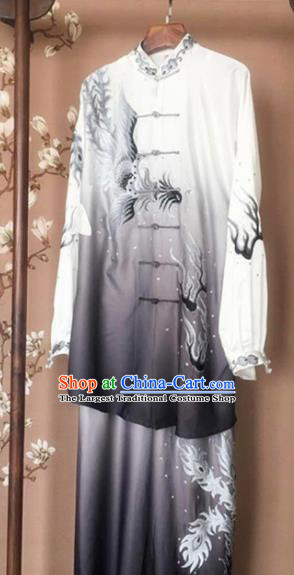 Chinese Traditional Kung Fu Costume Martial Arts Competition Tai Chi Printing Phoenix Grey Clothing for Women
