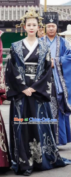 Chinese Ancient Drama Hanfu Dress Sui Dynasty Imperial Empress Embroidered Historical Costume and Headpiece Complete Set