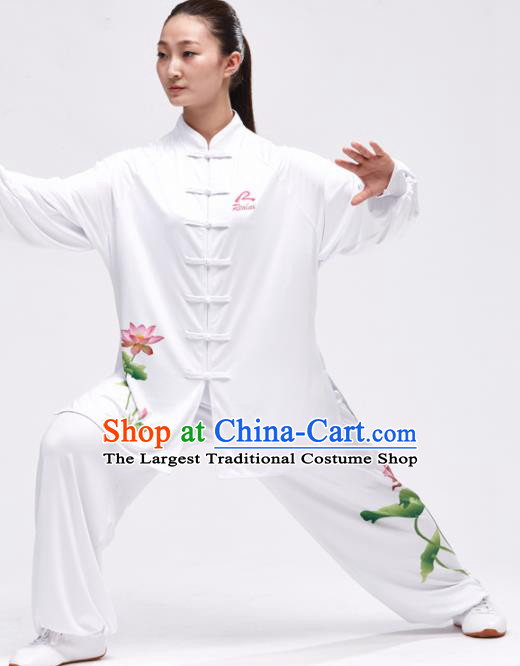 Chinese Traditional Kung Fu Competition Printing Lotus White Costume Martial Arts Tai Chi Clothing for Women