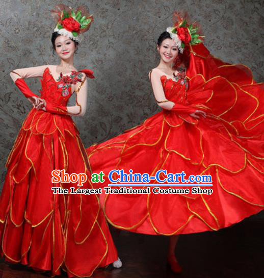 Chinese Traditional Spring Festival Gala Dance Costume Opening Dance Modern Dance Red Flower Dress for Women