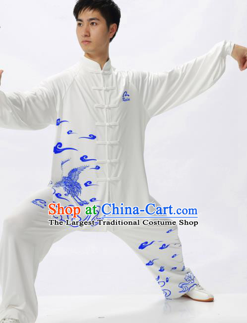 Chinese Traditional Kung Fu Competition Printing Crane White Costume Tai Chi Martial Arts Clothing for Men