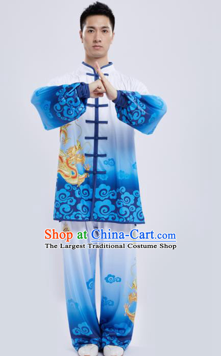 Chinese Traditional Kung Fu Competition Printing Dragon Blue Costume Tai Chi Martial Arts Clothing for Men