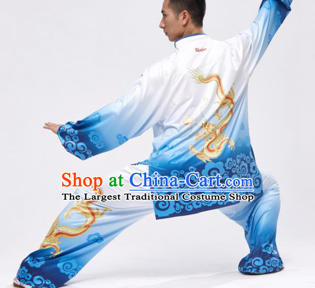 Chinese Traditional Kung Fu Competition Printing Dragon Blue Costume Tai Chi Martial Arts Clothing for Men