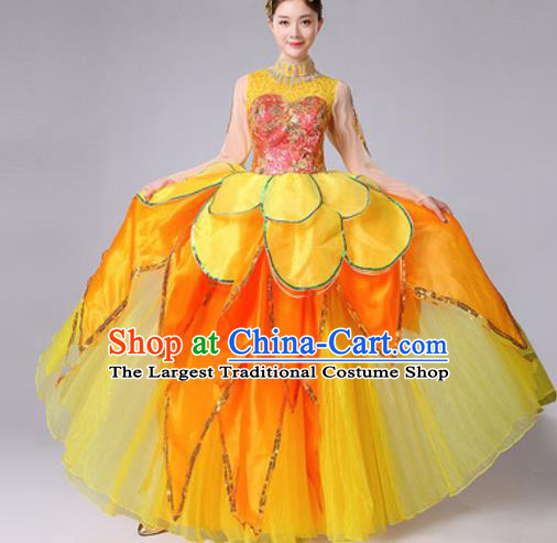 Chinese Traditional Spring Festival Gala Dance Costume Peony Dance Stage Performance Yellow Dress for Women