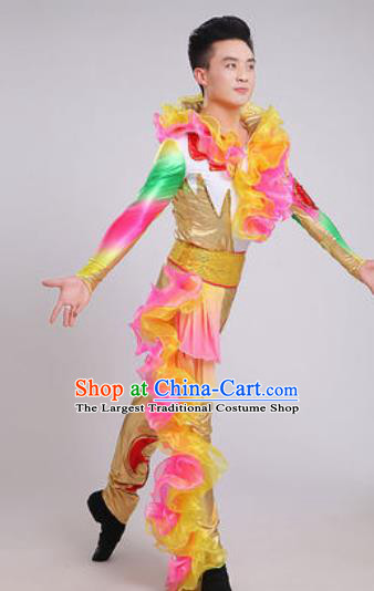 Chinese Traditional Drum Dance Golden Costume Folk Dance Stage Performance Clothing for Men