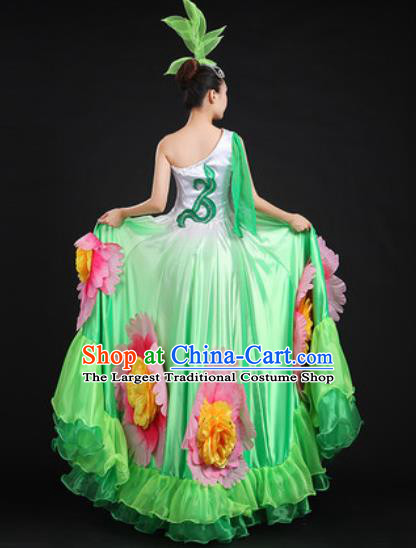 Chinese Traditional Opening Peony Dance Green Dress Spring Festival Gala Stage Performance Costume for Women