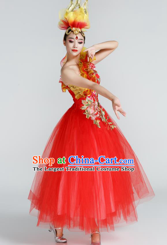 Chinese Traditional Opening Dance Red Veil Dress Spring Festival Gala Stage Performance Chorus Costume for Women