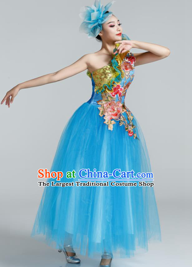 Chinese Traditional Opening Dance Blue Veil Dress Spring Festival Gala Stage Performance Chorus Costume for Women