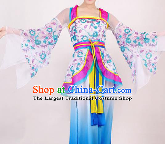 Chinese Traditional Classical Dance Costume Umbrella Dance Stage Performance Blue Dress for Women