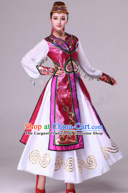 Chinese Traditional Ethnic Dance Costume Mongolian Nationality Stage Performance Rosy Dress for Women