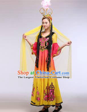 Chinese Traditional Ethnic Dance Costume Uyghur Nationality Stage Performance Yellow Dress for Women