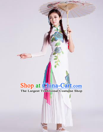 Chinese Traditional Umbrella Dance Costume Classical Dance Stage Performance White Clothing for Women
