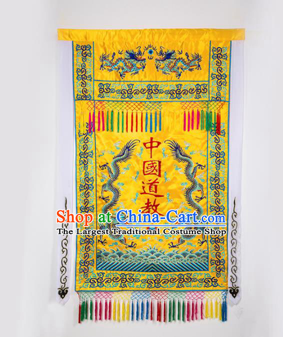 Chinese Traditional Taoism Feng Shui Items National Taoist Embroidered Dragons Golden Flag