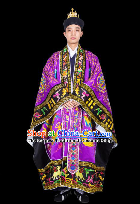 Chinese Traditional Taoism Costume National Taoist Priest Embroidered Dragons Purple Cassock for Men
