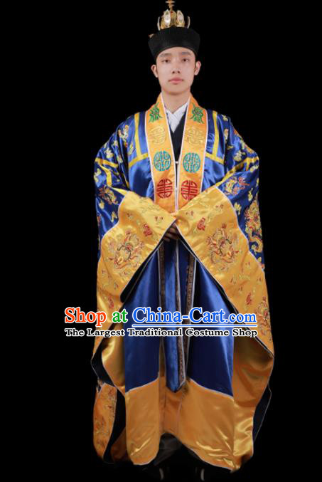 Chinese Traditional Taoism Costume National Taoist Priest Embroidered Dragons Royal Blue Cassock for Men