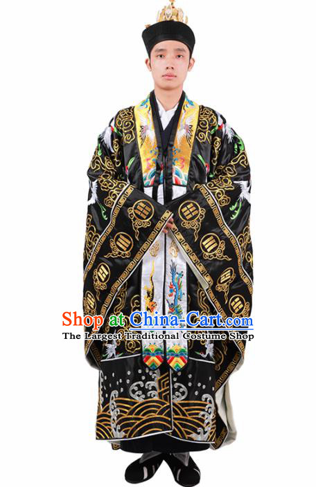 Chinese Traditional Taoism Costume National Taoist Priest Embroidered Cranes Black Cassock for Men