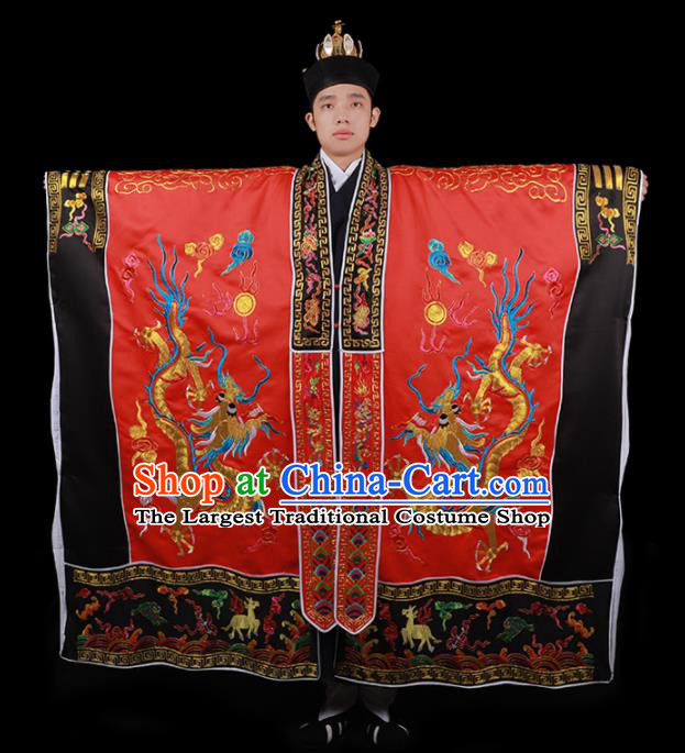 Chinese Traditional Taoism Costume National Taoist Priest Embroidered Cranes Dragons Red Cassock for Men