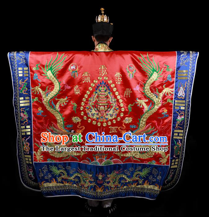 Chinese National Taoist Priest Embroidered Dragons Red Cassock Traditional Taoism Costume for Men