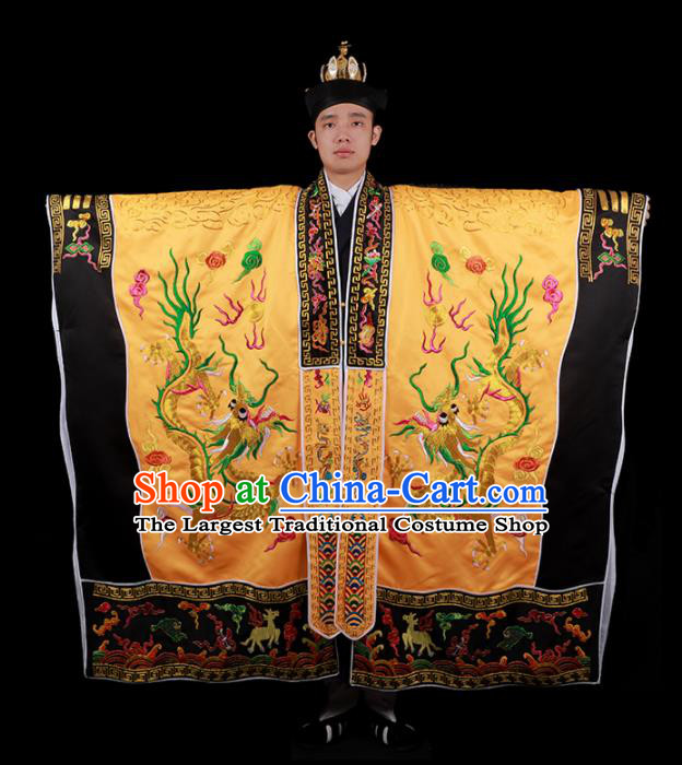 Chinese National Taoist Priest Embroidered Dragons Golden Cassock Traditional Taoism Costume for Men
