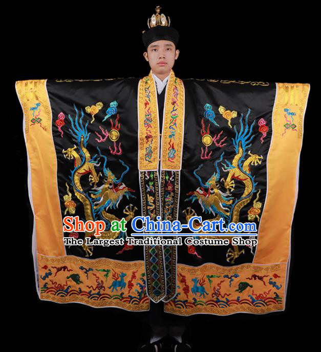 Chinese National Taoist Priest Embroidered Dragons Black Cassock Traditional Taoism Costume for Men