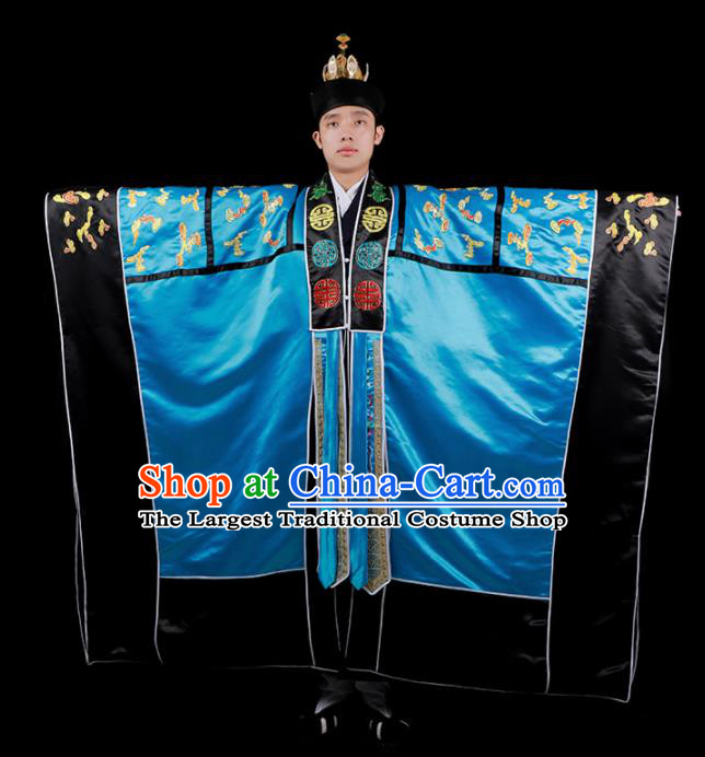 Chinese National Taoist Priest Embroidered Dragons Blue Cassock Traditional Taoism Costume for Men