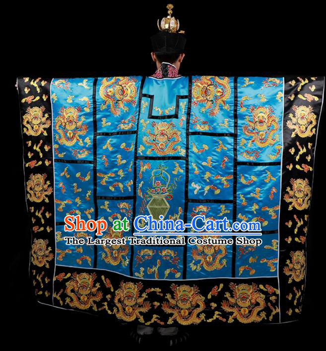 Chinese National Taoist Priest Embroidered Dragons Blue Cassock Traditional Taoism Costume for Men