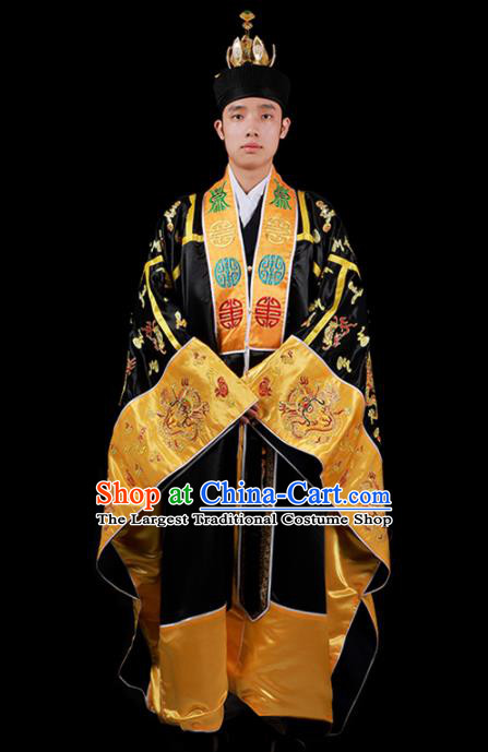 Chinese National Taoist Priest Embroidered Dragons Black Cassock Traditional Taoism Costume for Men