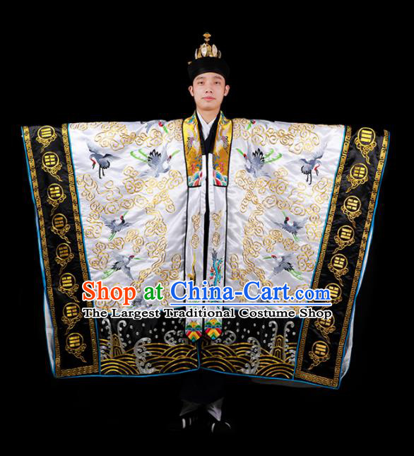 Chinese National Taoist Priest Embroidered Cranes White Cassock Traditional Taoism Costume for Men