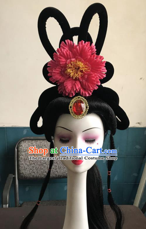 Chinese Traditional Beijing Opera Peri Rosy Peony Hairpins and Wigs Sheath Peking Opera Princess Hair Accessories for Women