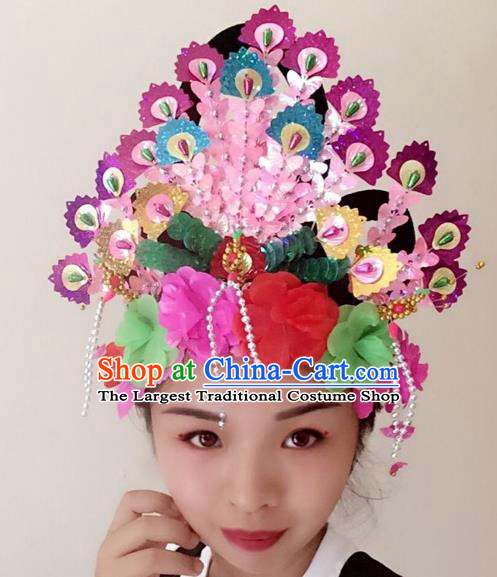 Chinese Traditional Beijing Opera Rosy Phoenix Coronet Headwear Peking Opera Diva Hair Accessories for Kids