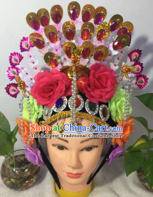 Chinese Traditional Beijing Opera Peri Rosy Peony Phoenix Coronet Headwear Peking Opera Diva Hair Accessories for Kids