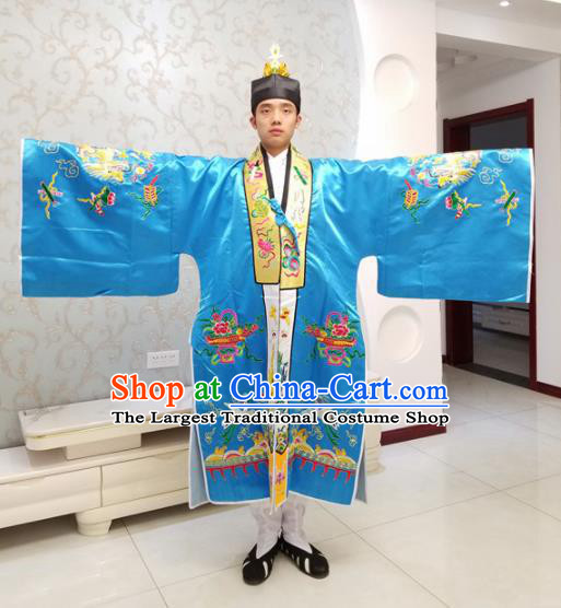 Chinese National Taoism Embroidered Blue Cassock Traditional Taoist Priest Rites Costume for Men