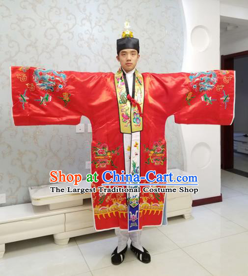 Chinese National Taoism Embroidered Red Cassock Traditional Taoist Priest Rites Costume for Men