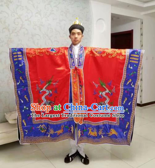 Chinese National Taoism Embroidered Dragons Red Priest Frock Cassock Traditional Taoist Priest Rites Costume for Men