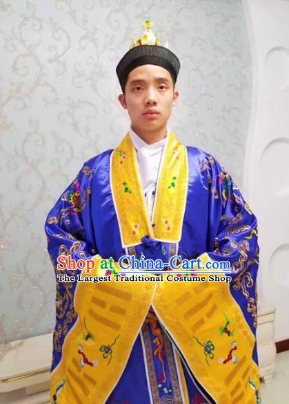 Chinese National Taoism Embroidered Dragons Deep Blue Priest Frock Cassock Traditional Taoist Priest Rites Costume for Men