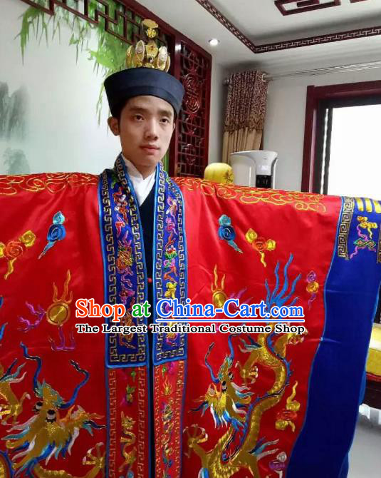 Chinese National Taoism Embroidered Red Priest Frock Cassock Traditional Taoist Priest Rites Costume for Men