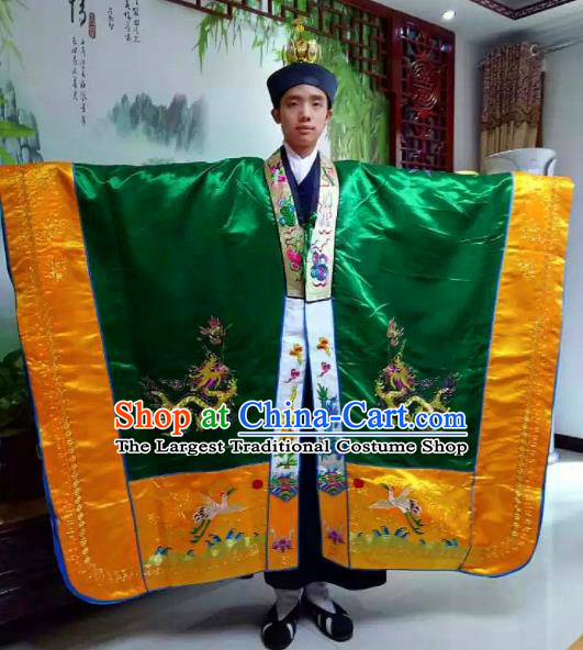 Chinese National Taoism Embroidered Dragons Green Priest Frock Cassock Traditional Taoist Priest Rites Costume for Men