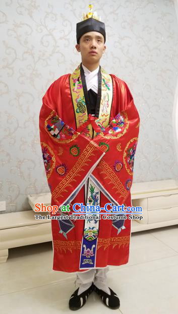 Chinese National Taoism Embroidered Crane Tower Red Cassock Traditional Taoist Priest Rites Costume for Men