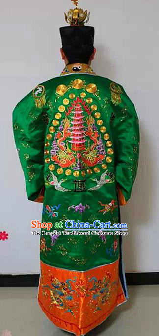 Chinese National Taoism Priest Frock Embroidered Tower Green Cassock Traditional Taoist Priest Rites Costume for Men