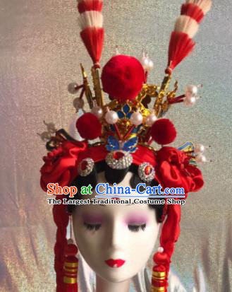 Chinese Traditional Beijing Opera Red Phoenix Coronet Headwear Peking Opera Diva Hair Accessories for Kids