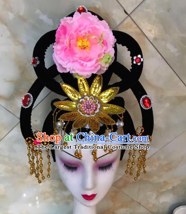 Chinese Traditional Beijing Opera Peri Wigs and Pink Peony Hairpins Peking Opera Princess Hair Accessories for Women