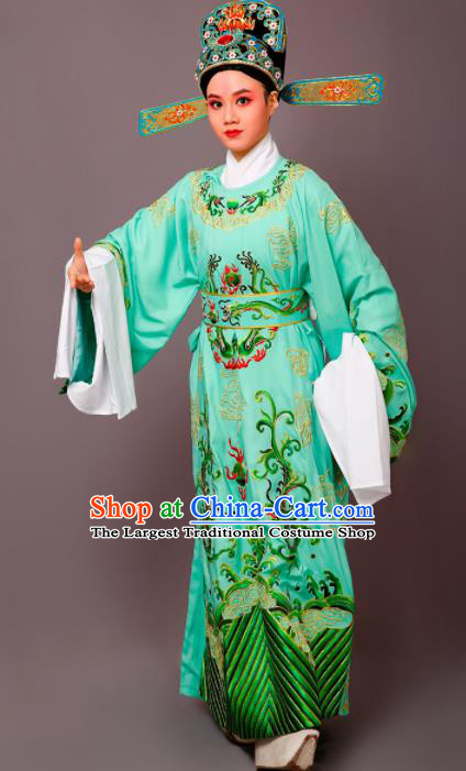 Chinese Traditional Peking Opera Niche Green Embroidered Robe Beijing Opera Number One Scholar Costume for Men