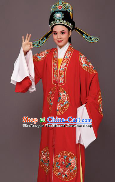 Chinese Traditional Peking Opera Niche Embroidered Peony Red Robe Beijing Opera Scholar Costume for Men